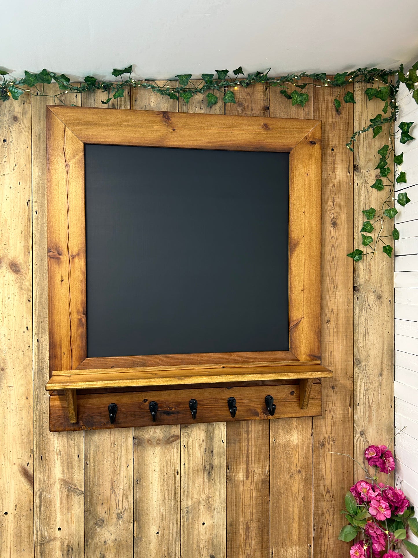 Handmade Reclaimed Timber Chalkboard with key hooks.