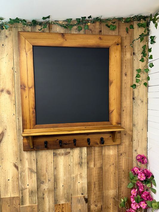 Handmade Reclaimed Timber Chalkboard with key hooks.