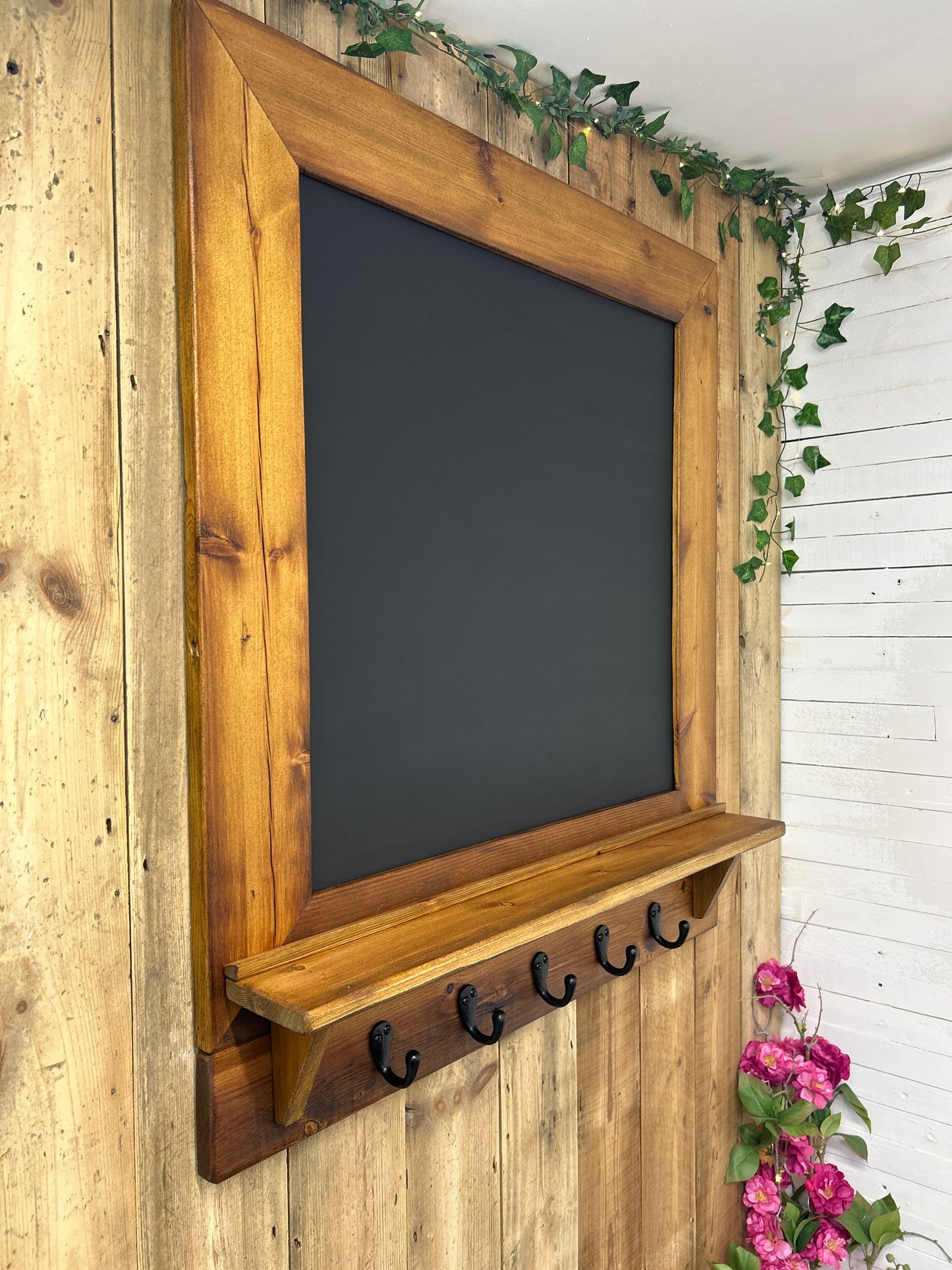 Handmade Reclaimed Timber Chalkboard with key hooks.