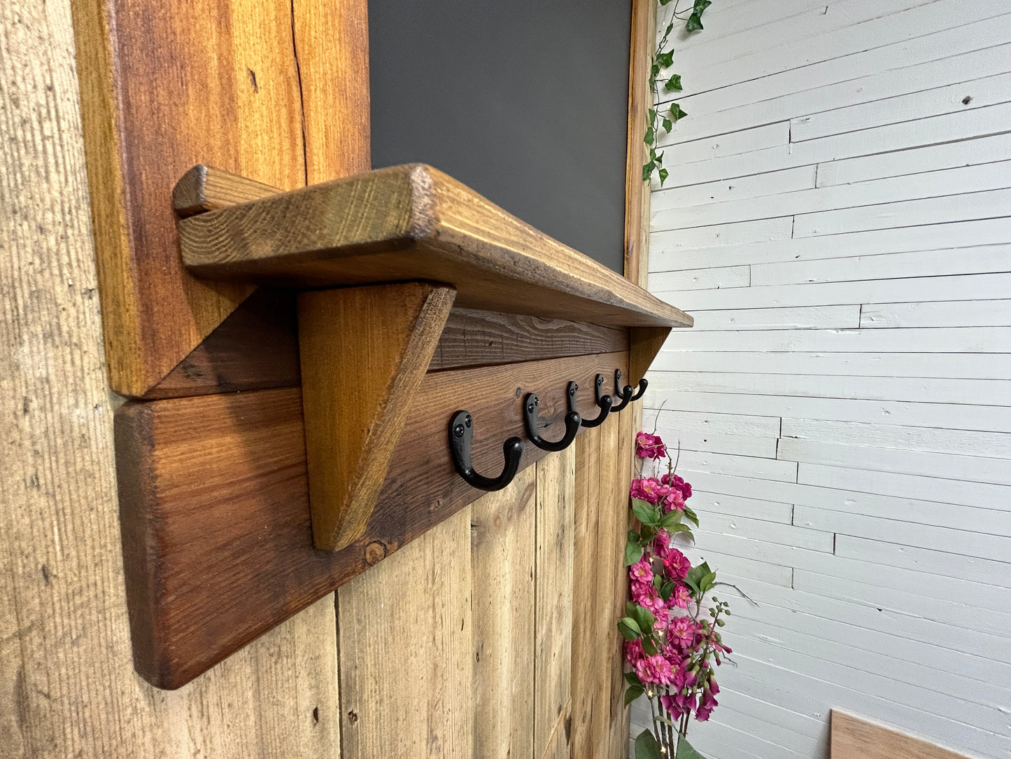 Handmade Reclaimed Timber Chalkboard with key hooks.