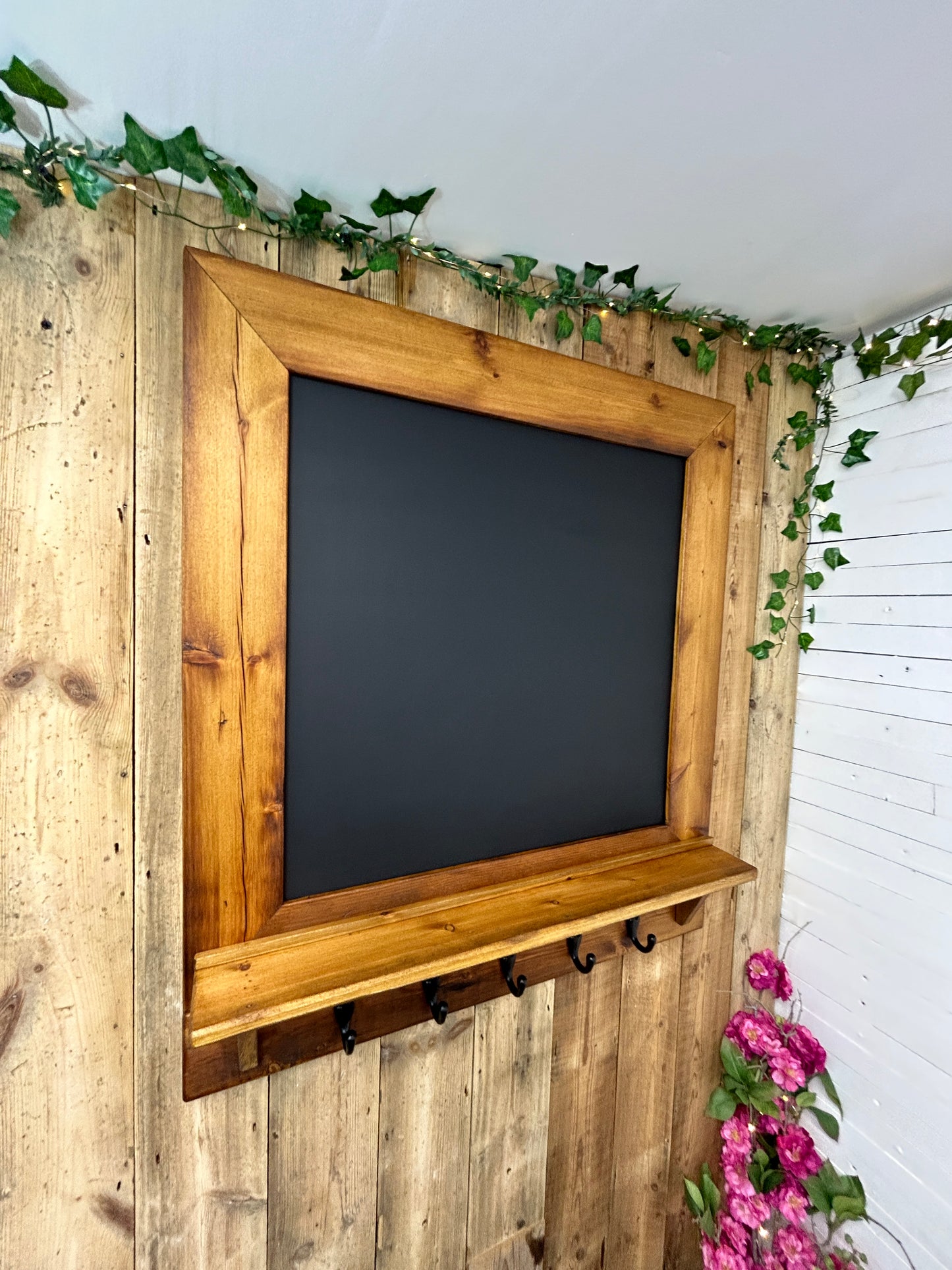 Handmade Reclaimed Timber Chalkboard with key hooks.