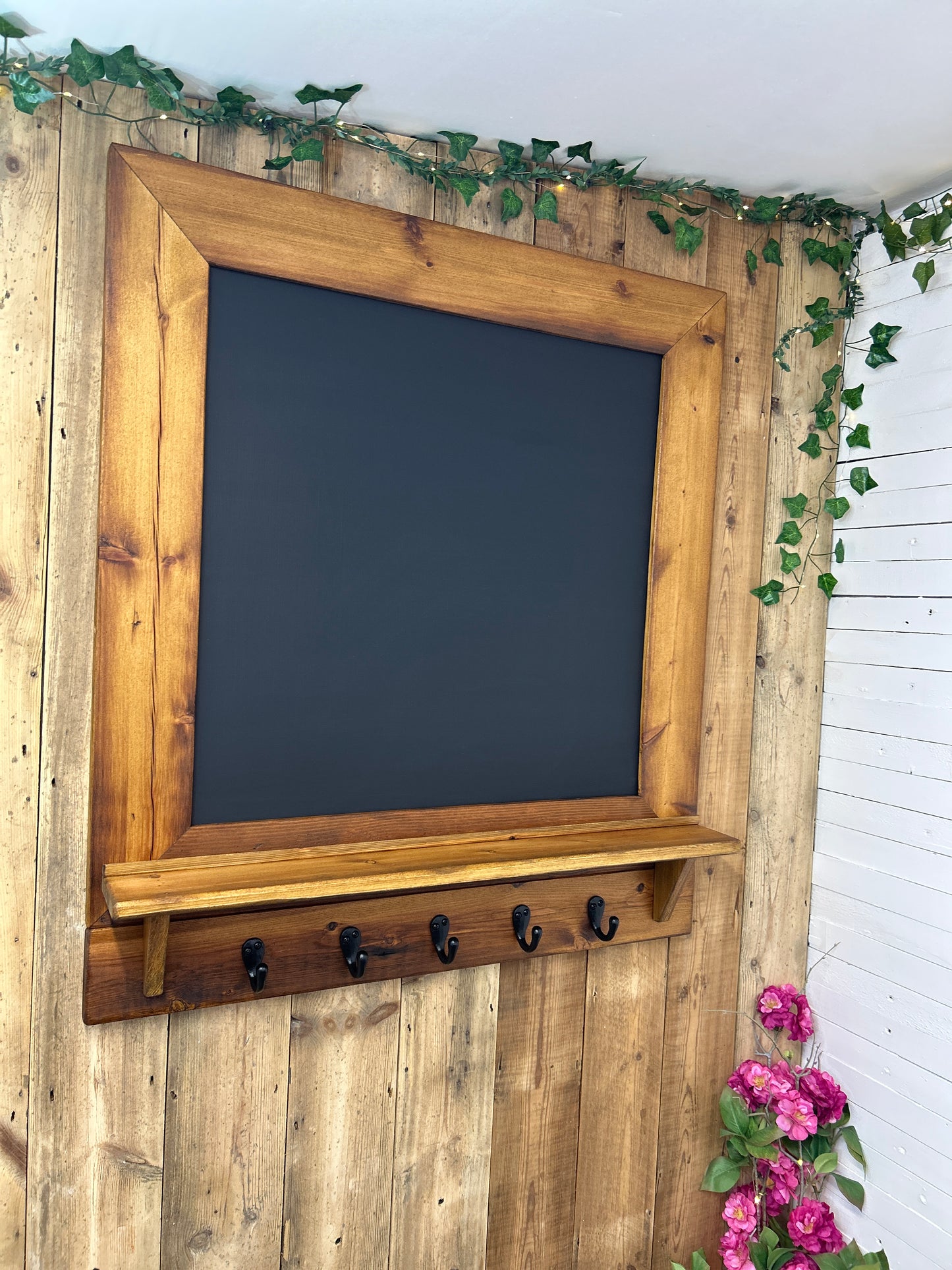 Handmade Reclaimed Timber Chalkboard with key hooks.