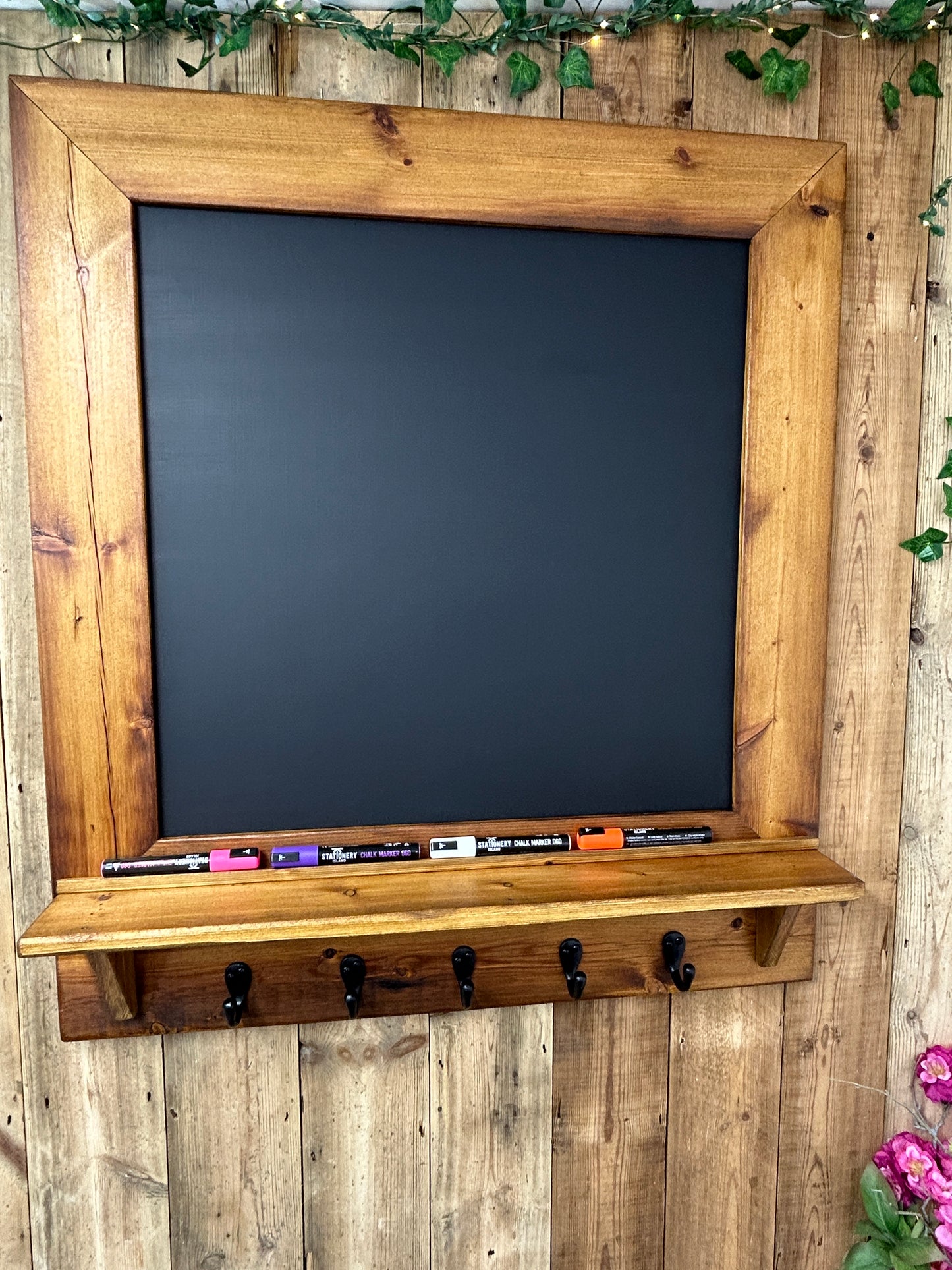 Handmade Reclaimed Timber Chalkboard with key hooks.