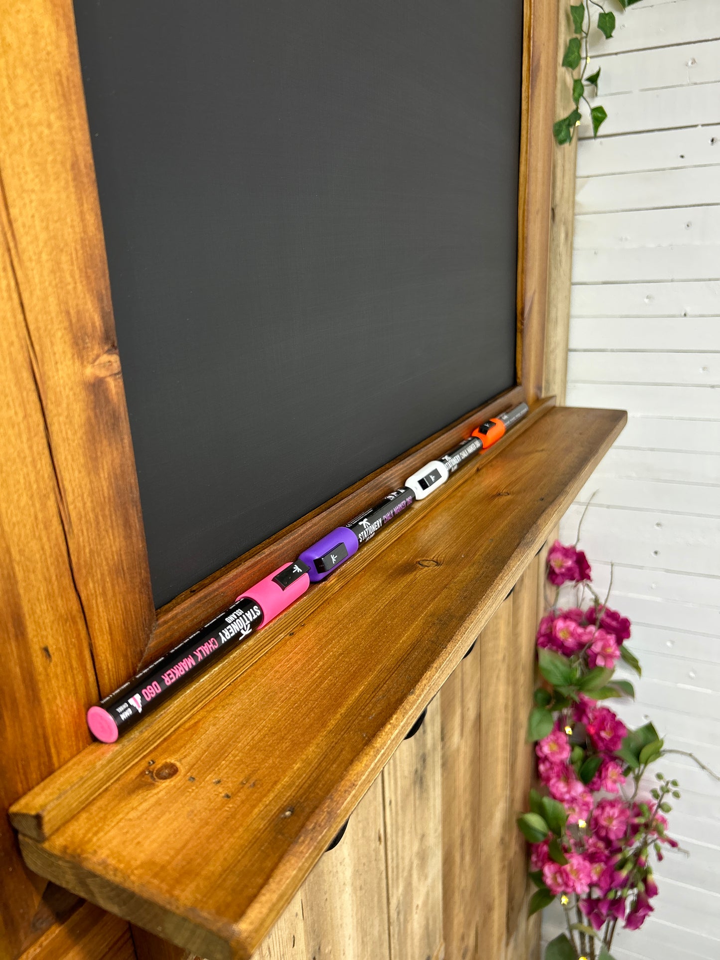 Handmade Reclaimed Timber Chalkboard with key hooks.