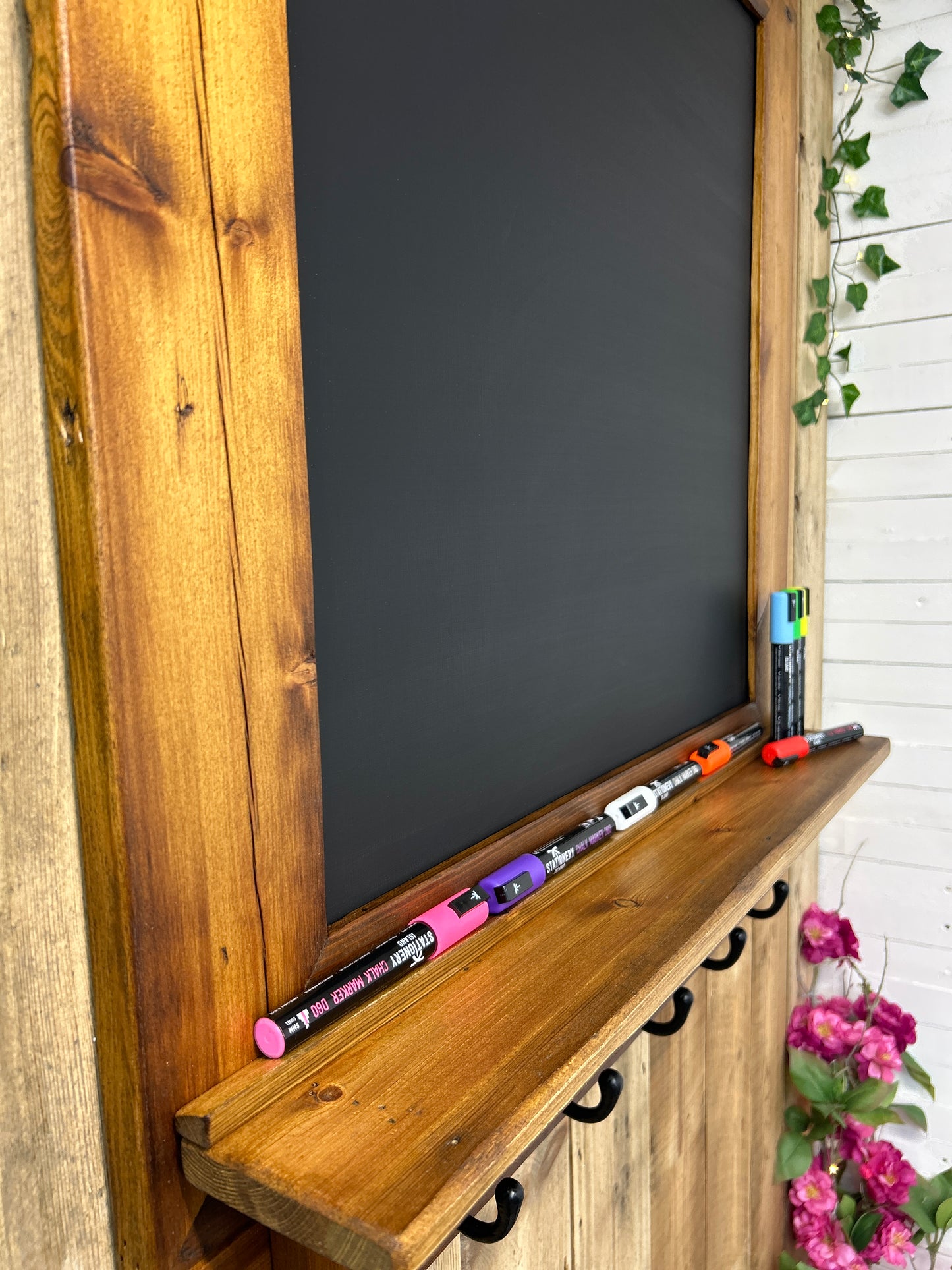 Handmade Reclaimed Timber Chalkboard with key hooks.