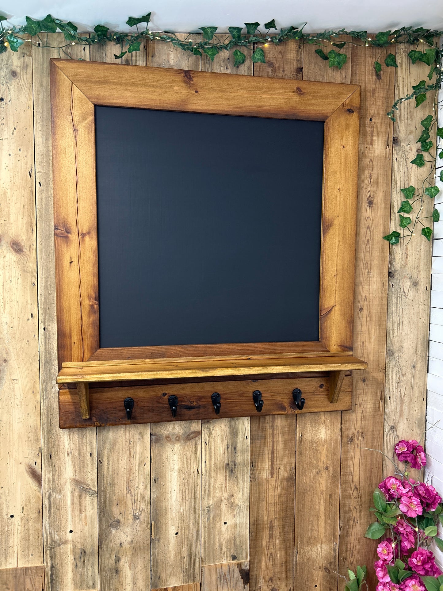 Handmade Reclaimed Timber Chalkboard with key hooks.