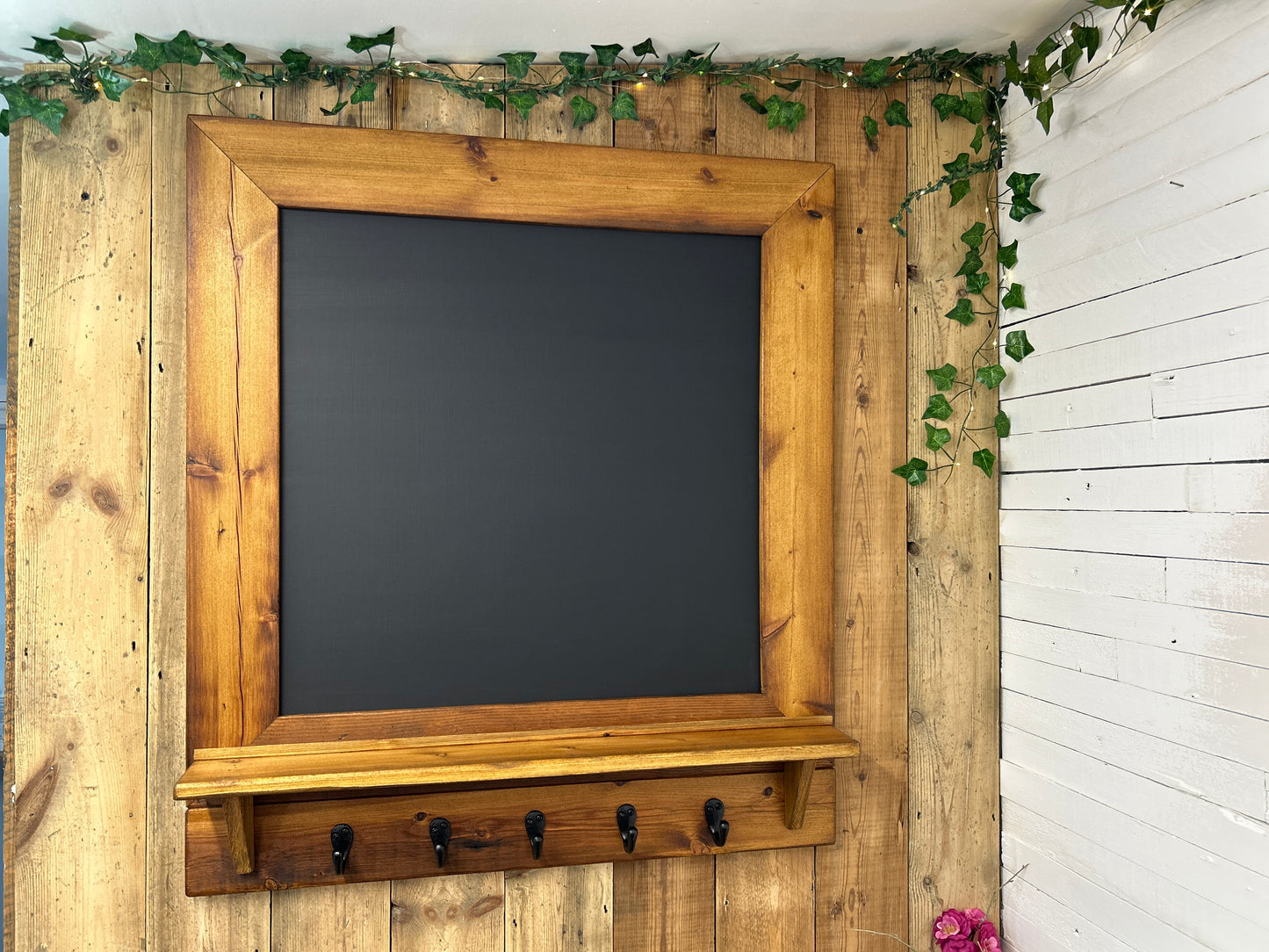 Handmade Reclaimed Timber Chalkboard with key hooks.