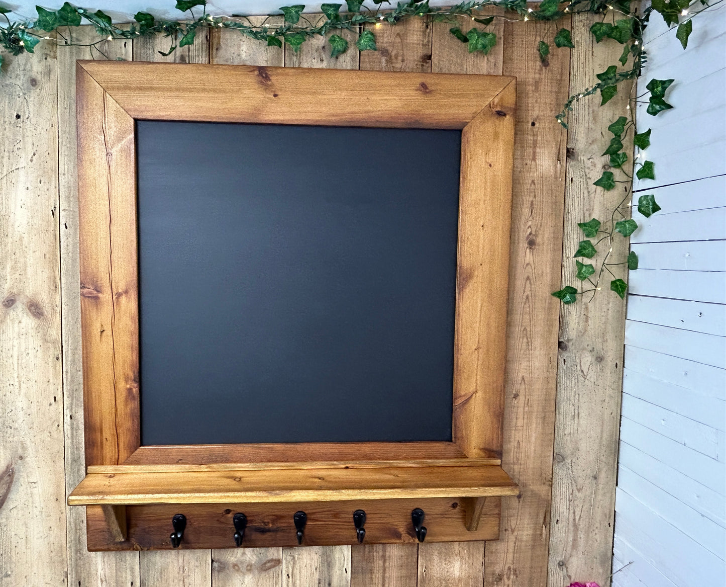 Handmade Reclaimed Timber Chalkboard with key hooks.