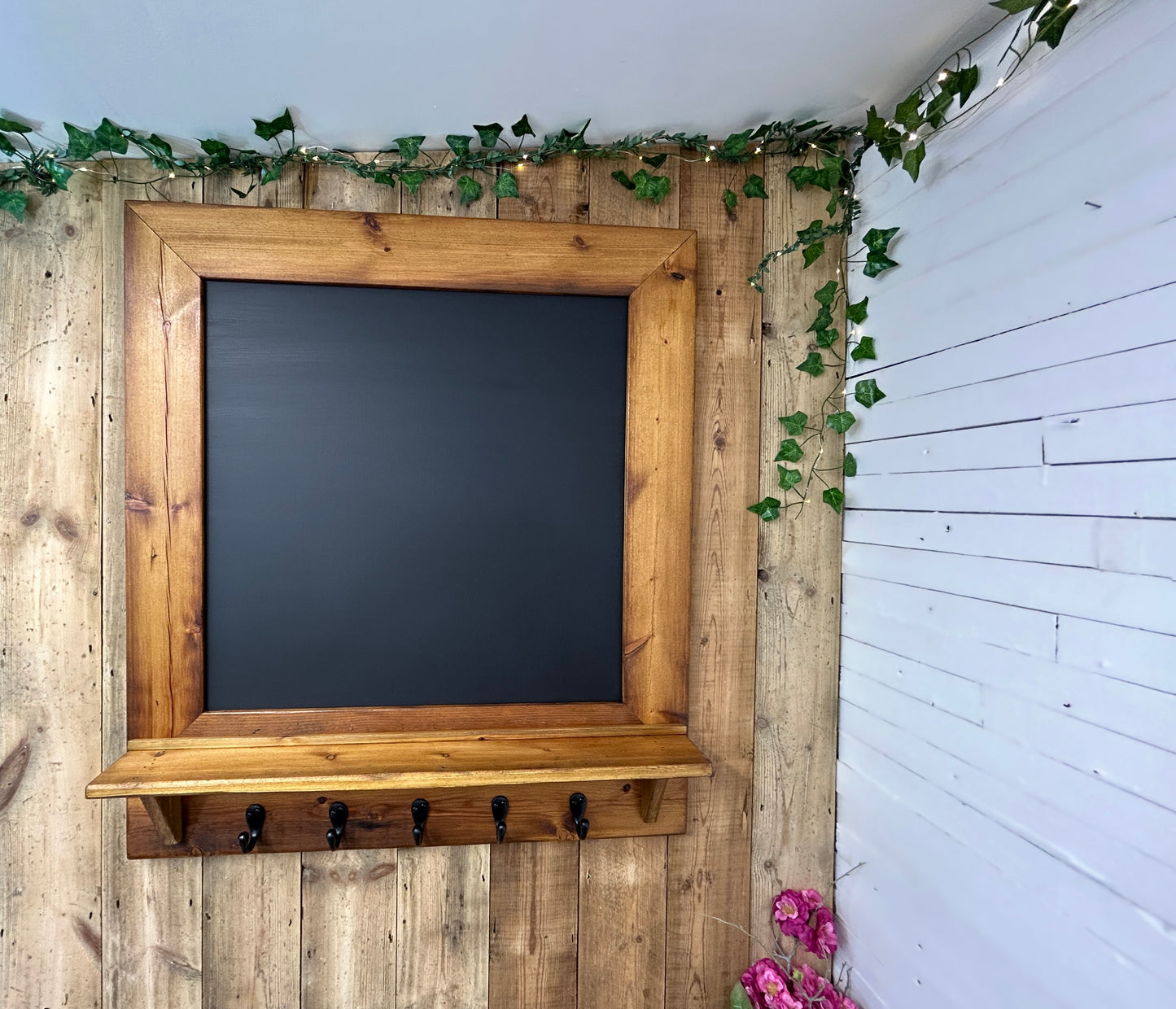 Handmade Reclaimed Timber Chalkboard with key hooks.