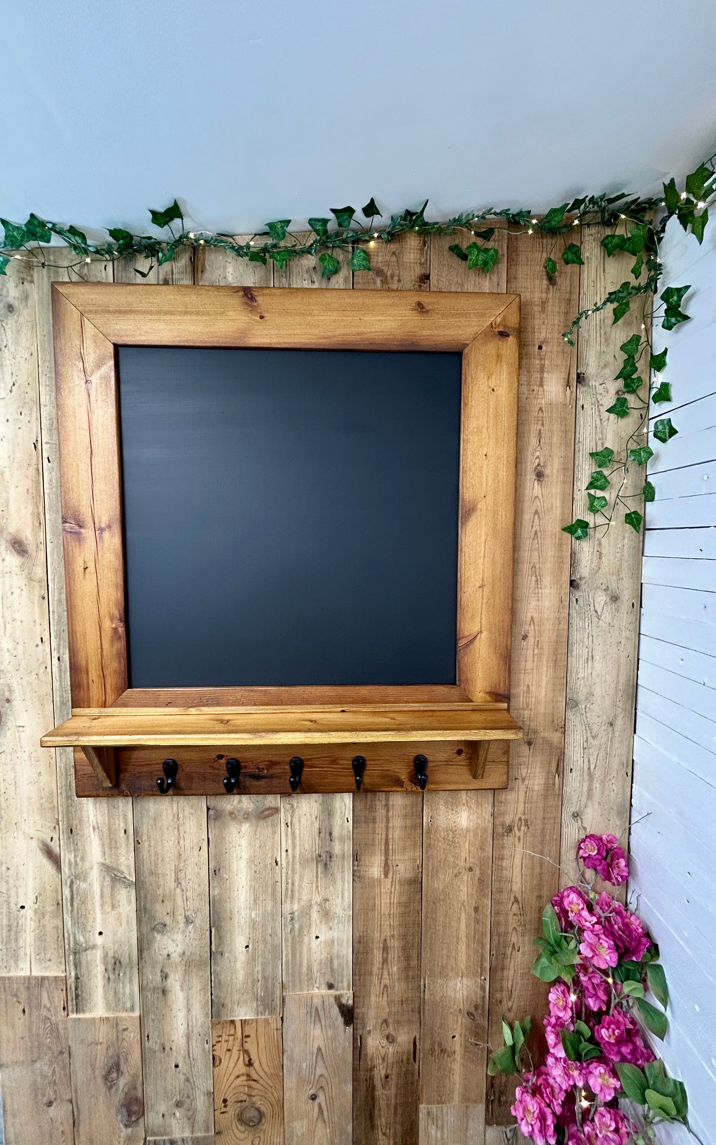 Handmade Reclaimed Timber Chalkboard with key hooks.