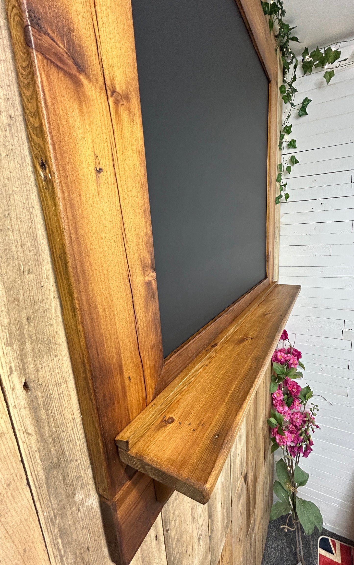 Handmade Reclaimed Timber Chalkboard with key hooks.