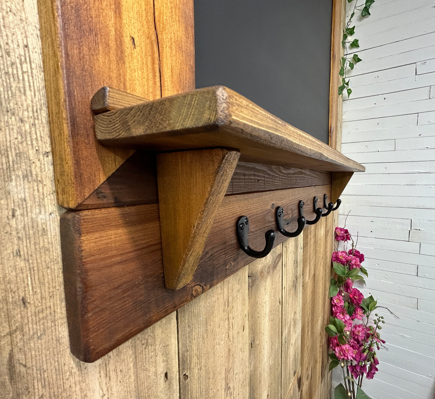 Handmade Reclaimed Timber Chalkboard with key hooks.